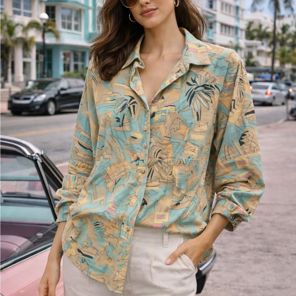 Vintage 80s Cotton Abstract Geometric Retro Miami Vice Button Down Shirt Women’s